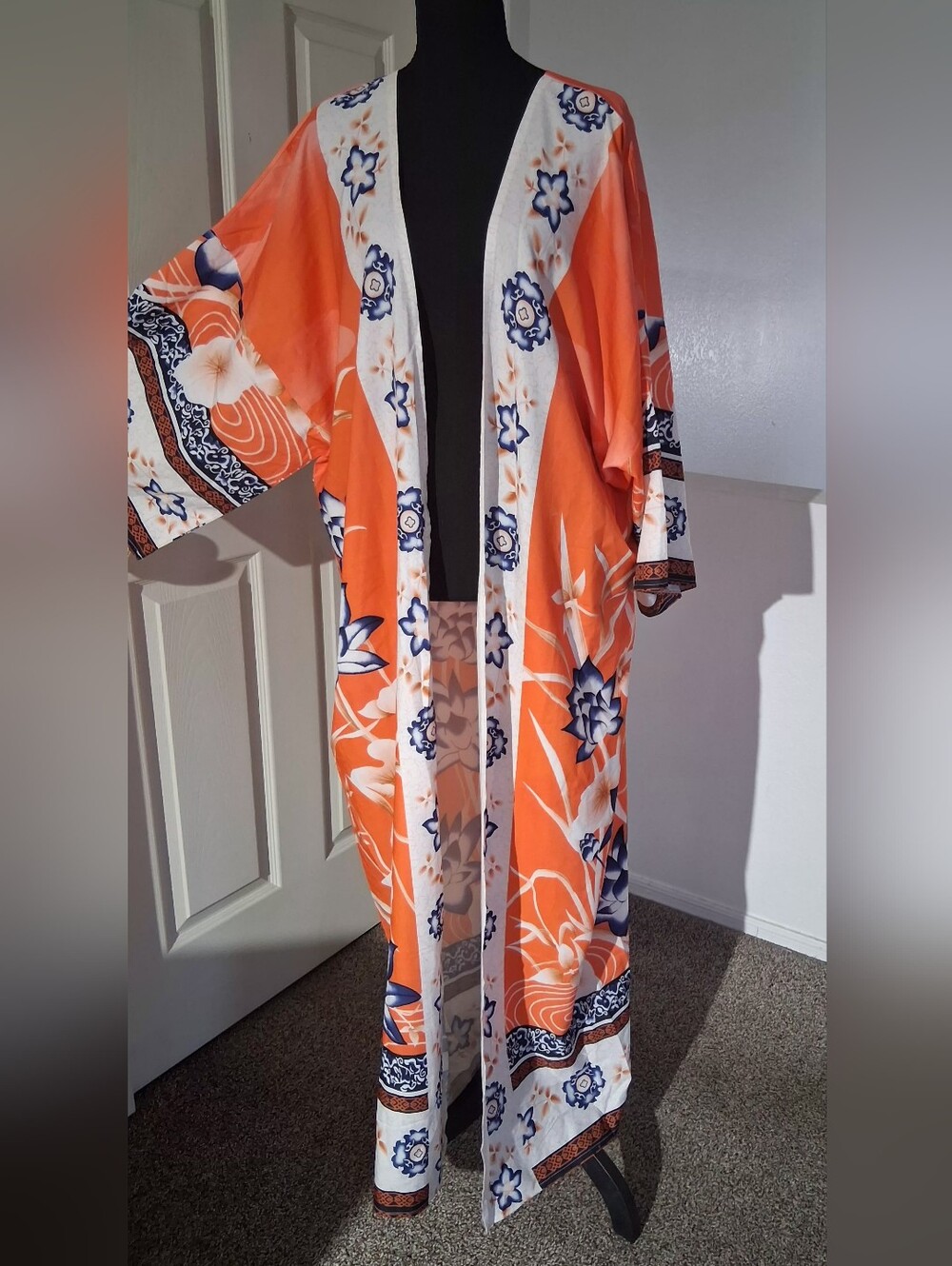 Women’s Long Floral Kimono Robe - Orange & Navy